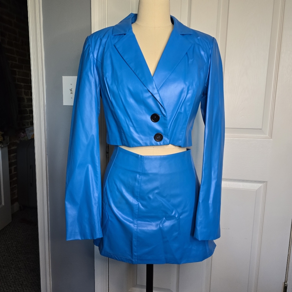 Electric blue Capsule faux leather matching cropped blazer and skirt set co-ord